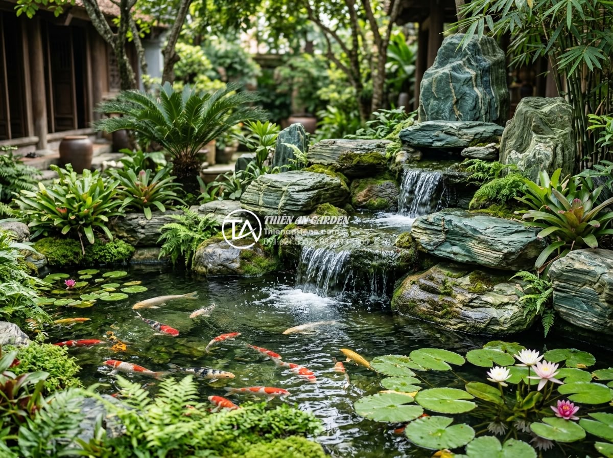 Tiểu cảnh nước chảy: 7 nguyên tắc vàng khi bố trí để không phạm đại kỵ - Beautiful realistic image of an integrated Vietnamese garden water feature: flow