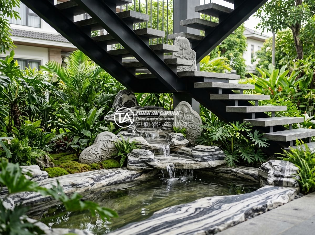 Tiểu cảnh nước gầm cầu thang bị thấm: Nguyên nhân và cách chống thấm triệt để - Hình 1 Tiểu cảnh nước gầm cầu thang bị thấm: Nguyên nhân và cách chống thấm triệt để - Elegant natural stone water feature with gentle cascading waterfall installed un