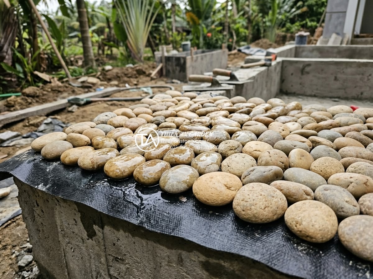 Tiểu cảnh nước gầm cầu thang bị thấm: Nguyên nhân và cách chống thấm triệt để - Hình 11 Tiểu cảnh nước gầm cầu thang bị thấm: Nguyên nhân và cách chống thấm triệt để - Application of advanced waterproof membrane and epoxy coating during constructio