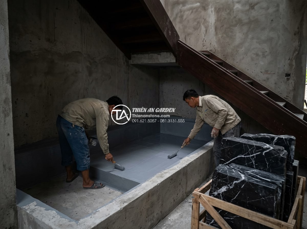 Tiểu cảnh nước gầm cầu thang bị thấm: Nguyên nhân và cách chống thấm triệt để - Hình 17 Tiểu cảnh nước gầm cầu thang bị thấm: Nguyên nhân và cách chống thấm triệt để - Professional team performing step-by-step waterproof construction and stone inst