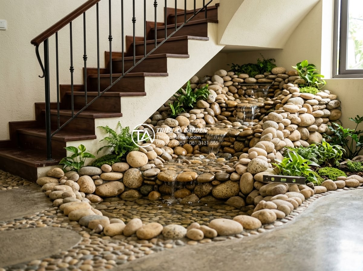 Tiểu cảnh nước gầm cầu thang bị thấm: Nguyên nhân và cách chống thấm triệt để - Hình 18 Tiểu cảnh nước gầm cầu thang bị thấm: Nguyên nhân và cách chống thấm triệt để - Final quality inspection and testing of fully waterproofed natural stone water c