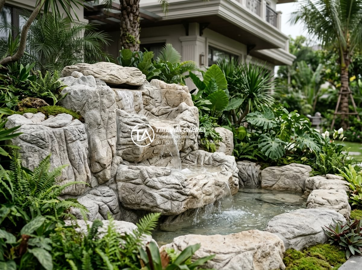Tiểu cảnh nước gầm cầu thang bị thấm: Nguyên nhân và cách chống thấm triệt để - Hình 19 Tiểu cảnh nước gầm cầu thang bị thấm: Nguyên nhân và cách chống thấm triệt để - Professional landscape team from Da Canh Thien An installing luxurious stone wat