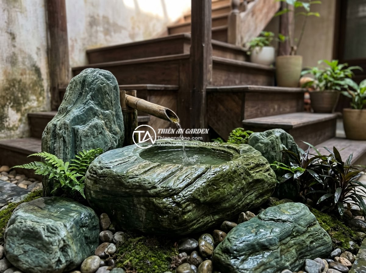 Tiểu cảnh nước gầm cầu thang bị thấm: Nguyên nhân và cách chống thấm triệt để - Hình 2 Tiểu cảnh nước gầm cầu thang bị thấm: Nguyên nhân và cách chống thấm triệt để - Close-up view of high-quality carved stone basin and flowing water system positi