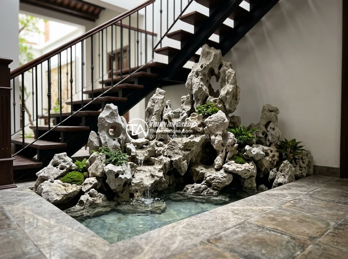 Tiểu cảnh nước gầm cầu thang bị thấm: Nguyên nhân và cách chống thấm triệt để - Hình 20 Tiểu cảnh nước gầm cầu thang bị thấm: Nguyên nhân và cách chống thấm triệt để - Completed high-end natural stone water feature project by Da Canh Thien An under