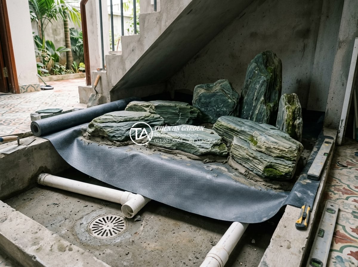 Tiểu cảnh nước gầm cầu thang bị thấm: Nguyên nhân và cách chống thấm triệt để - Hình 9 Tiểu cảnh nước gầm cầu thang bị thấm: Nguyên nhân và cách chống thấm triệt để - Professional construction process of waterproof base for stone water feature und