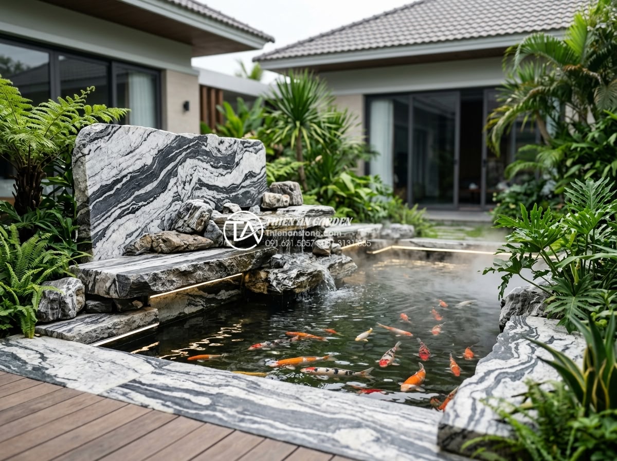 Tiểu cảnh nước hiện đại: Khi công nghệ thông minh kết hợp cùng dòng chảy - Hình 4 Tiểu cảnh nước hiện đại: Khi công nghệ thông minh kết hợp cùng dòng chảy - Peaceful modern water feature with natural stone elements and smart lighting in
