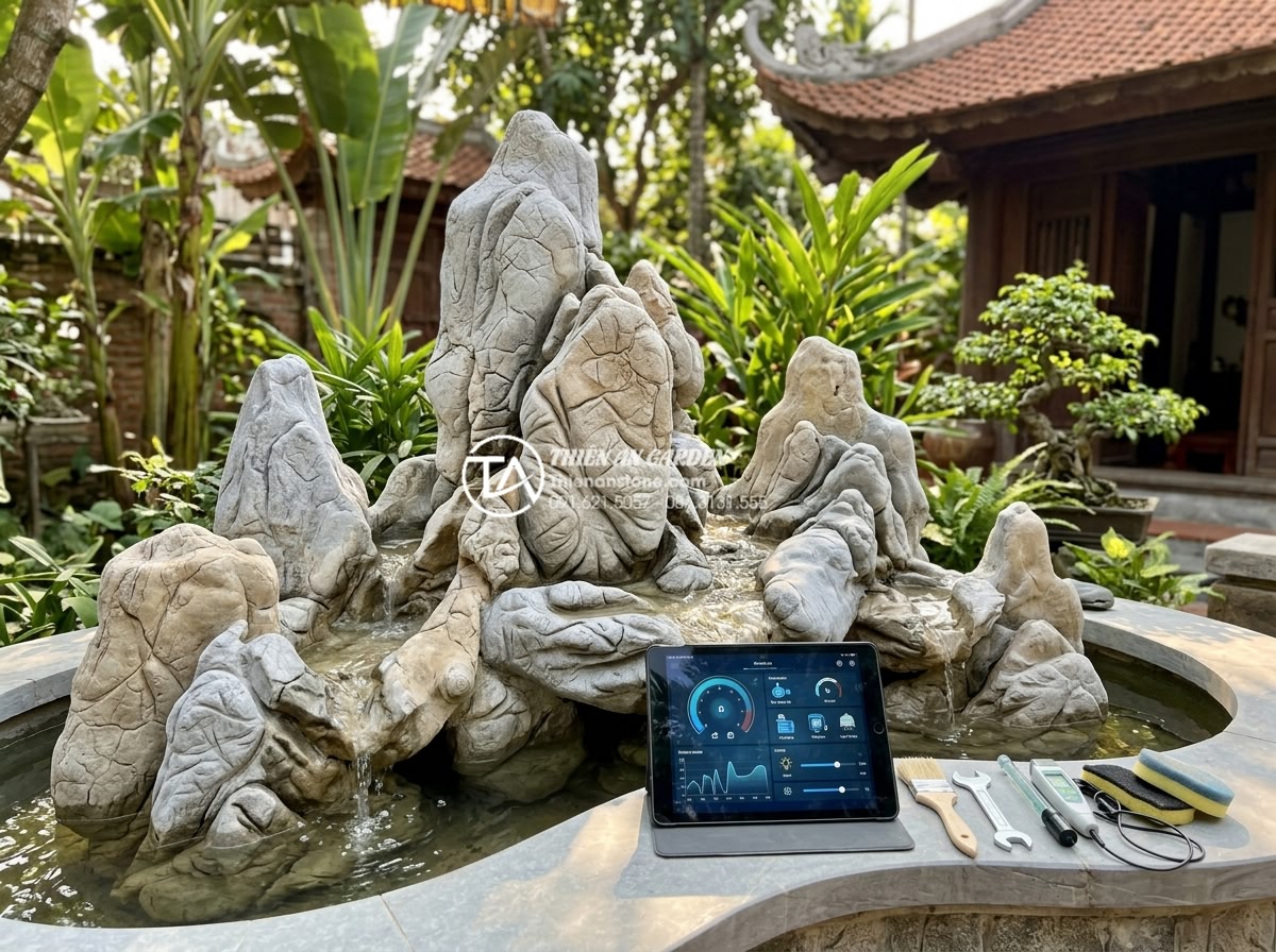 Tiểu cảnh nước hiện đại: Khi công nghệ thông minh kết hợp cùng dòng chảy - Hình 8 Tiểu cảnh nước hiện đại: Khi công nghệ thông minh kết hợp cùng dòng chảy - Technician performing routine maintenance on a smart natural stone water feature