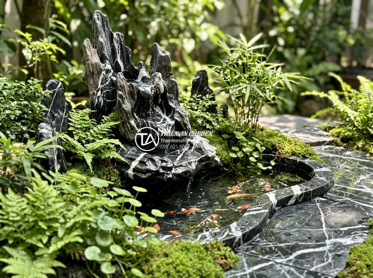 Tiểu cảnh nước là gì? Tổng quan từ A-Z về nghệ thuật đưa nước vào không gian sống - A serene miniature water feature in a Vietnamese garden with natural stone water