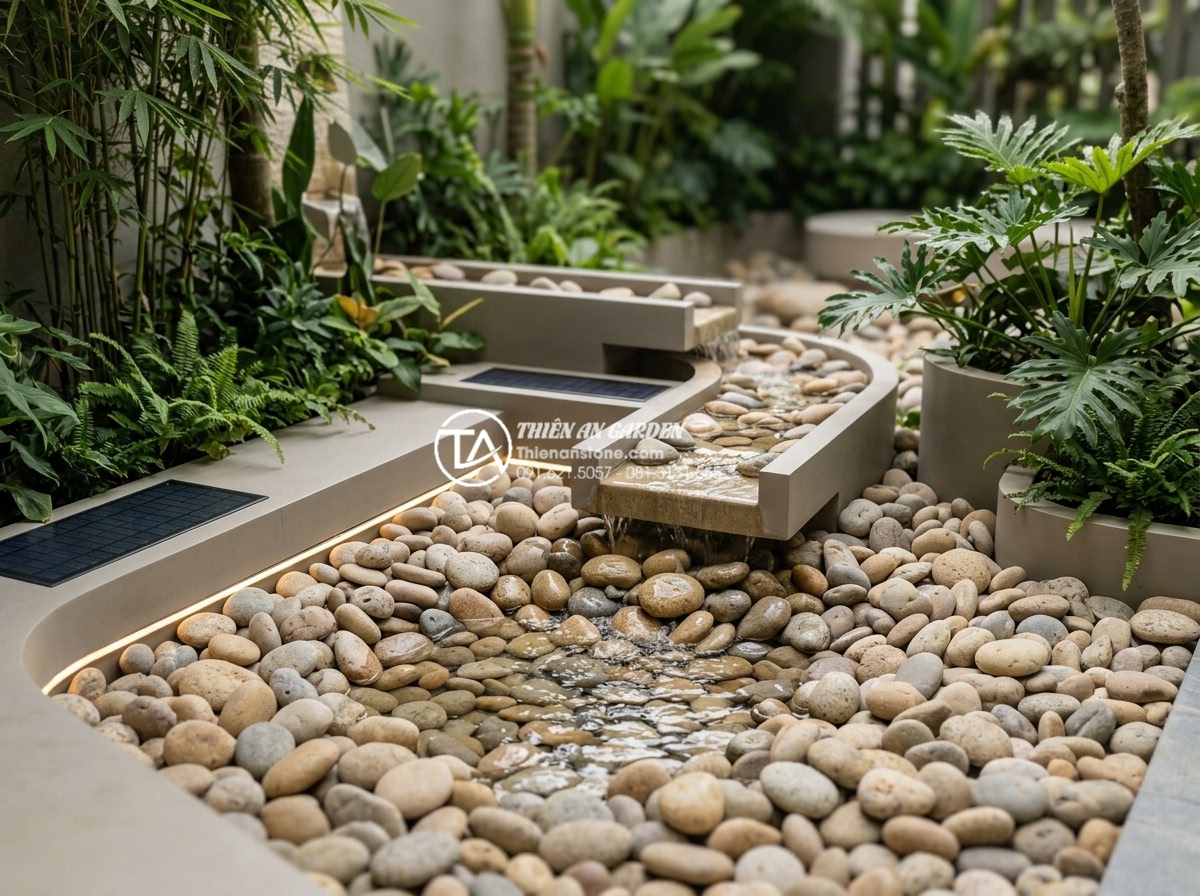 Tiểu cảnh nước là gì? Tổng quan từ A-Z về nghệ thuật đưa nước vào không gian sống - Futuristic modern water feature with smart lighting, solar powered natural stone