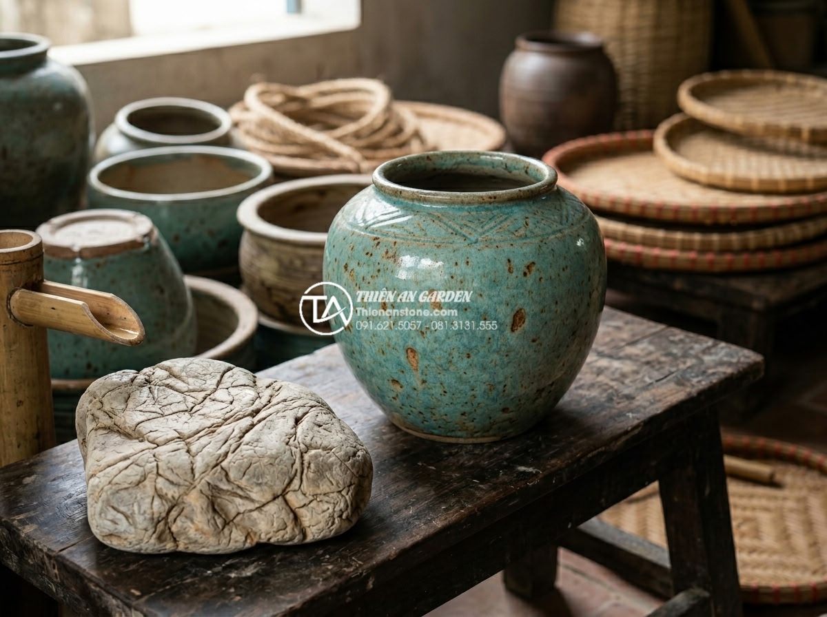 Tiểu cảnh nước lu gốm: Sự kết hợp hoàn hảo giữa nét cổ điển và hiện đại - Hình 10 Tiểu cảnh nước lu gốm: Sự kết hợp hoàn hảo giữa nét cổ điển và hiện đại - Detailed close-up of selecting the perfect ceramic jar for a water feature, arti