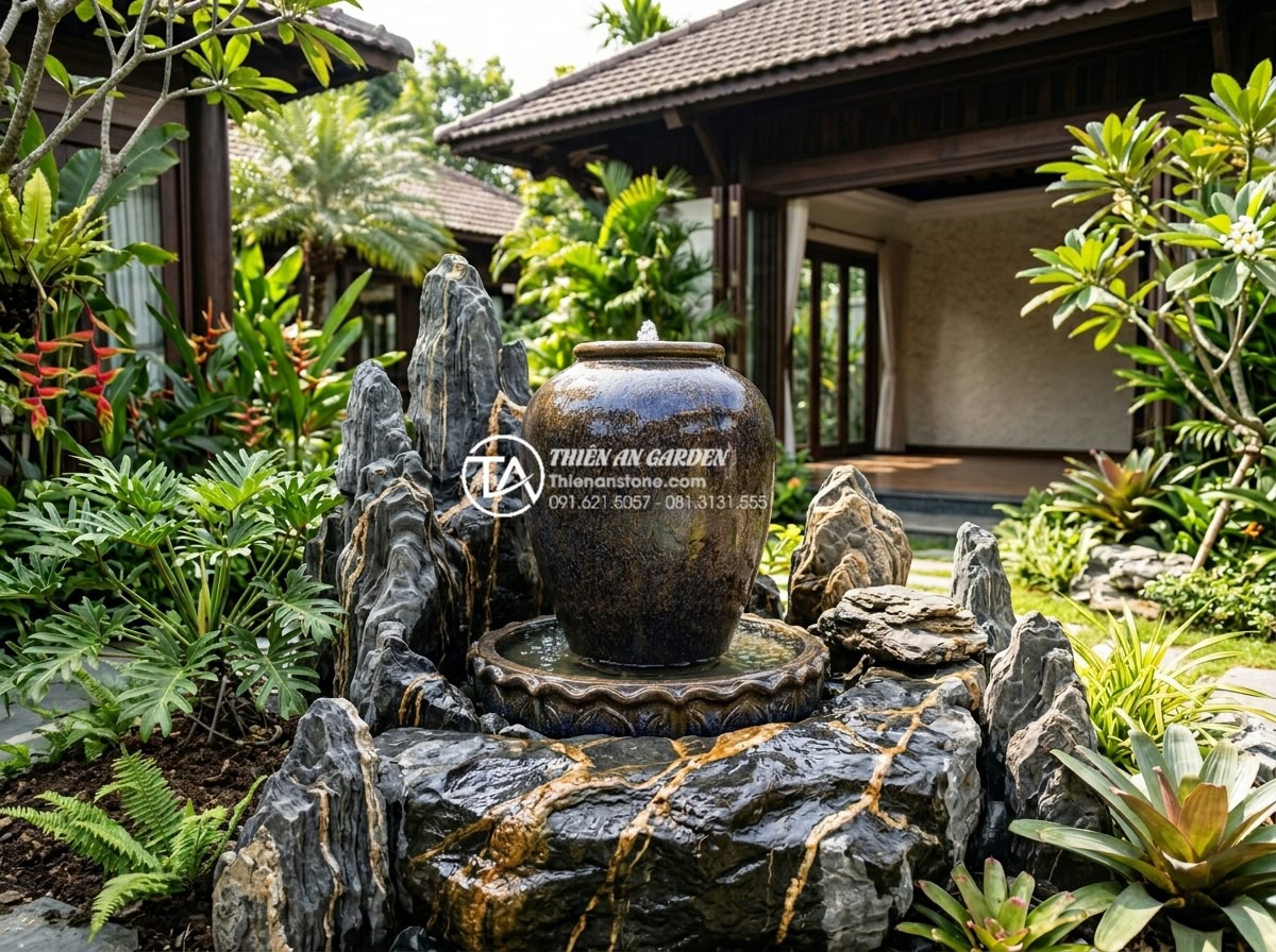 Tiểu cảnh nước lu gốm: Sự kết hợp hoàn hảo giữa nét cổ điển và hiện đại - Hình 12 Tiểu cảnh nước lu gốm: Sự kết hợp hoàn hảo giữa nét cổ điển và hiện đại - Completed professional installation of a stunning ceramic jar water fountain in