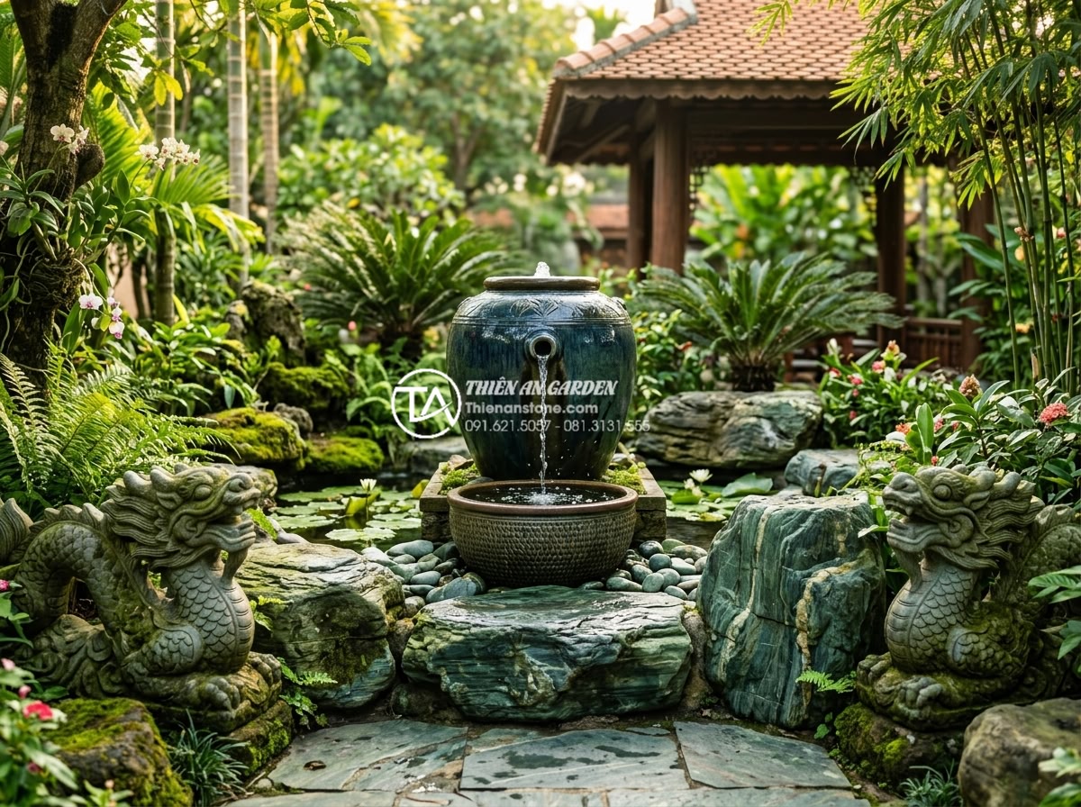 Tiểu cảnh nước lu gốm: Sự kết hợp hoàn hảo giữa nét cổ điển và hiện đại - Hình 14 Tiểu cảnh nước lu gốm: Sự kết hợp hoàn hảo giữa nét cổ điển và hiện đại - Beautifully arranged ceramic jar water feature in a Vietnamese garden following