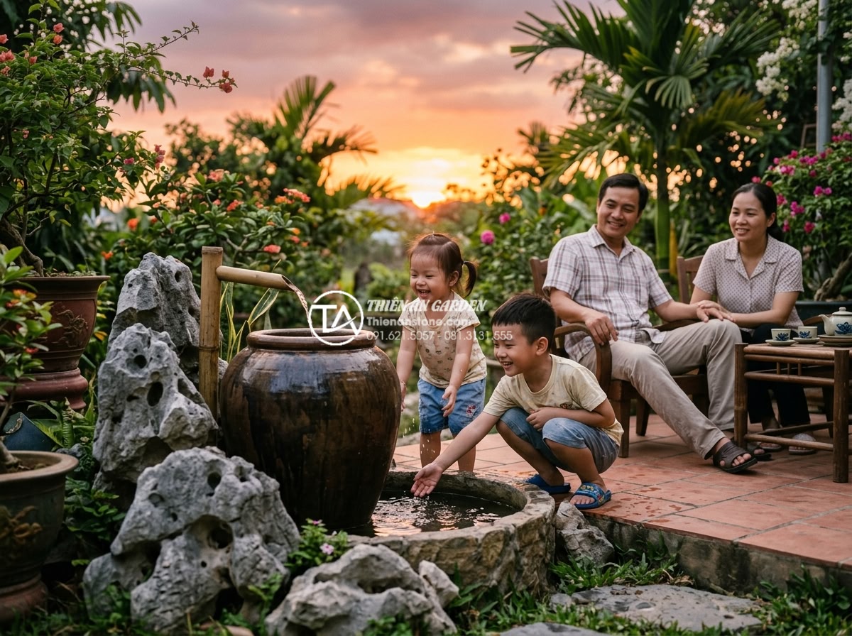Tiểu cảnh nước lu gốm: Sự kết hợp hoàn hảo giữa nét cổ điển và hiện đại - Hình 18 Tiểu cảnh nước lu gốm: Sự kết hợp hoàn hảo giữa nét cổ điển và hiện đại - Happy Vietnamese family enjoying their newly installed ceramic water jar garden