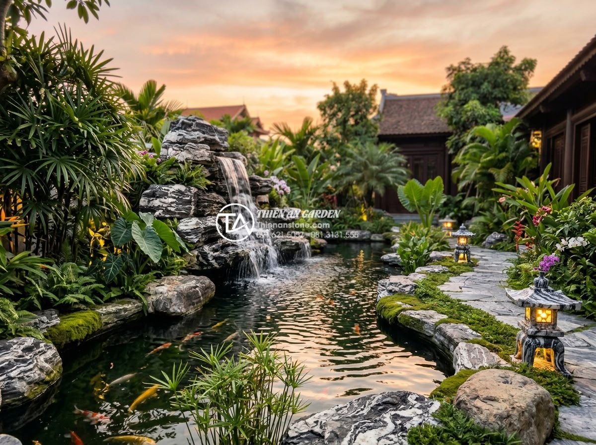 Tiểu cảnh nước sân vườn: Nghệ thuật sắp đặt đá và nước đẳng cấp đại gia - Luxurious Vietnamese villa garden water feature featuring cascading natural gran