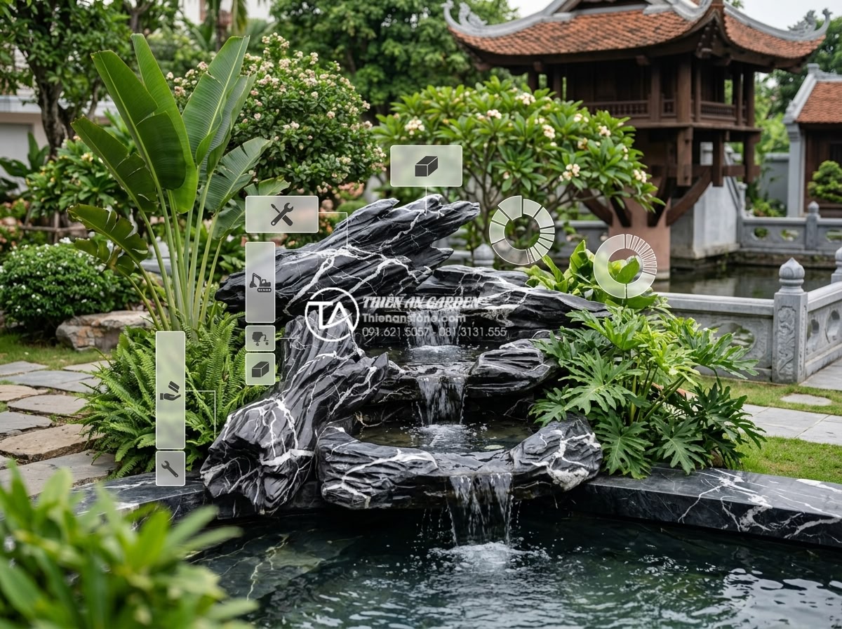 Tiểu cảnh nước sân vườn: Nghệ thuật sắp đặt đá và nước đẳng cấp đại gia - Detailed cost breakdown visualization and premium water feature installation in 