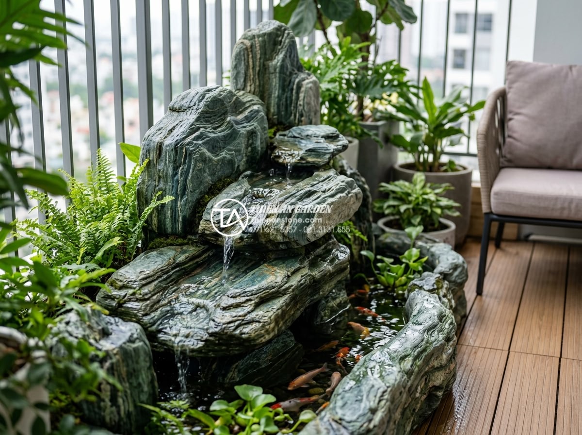 Tiểu cảnh nước sân vườn: Nghệ thuật sắp đặt đá và nước đẳng cấp đại gia - Stunning real-life case study of elegant small balcony water feature with cascad