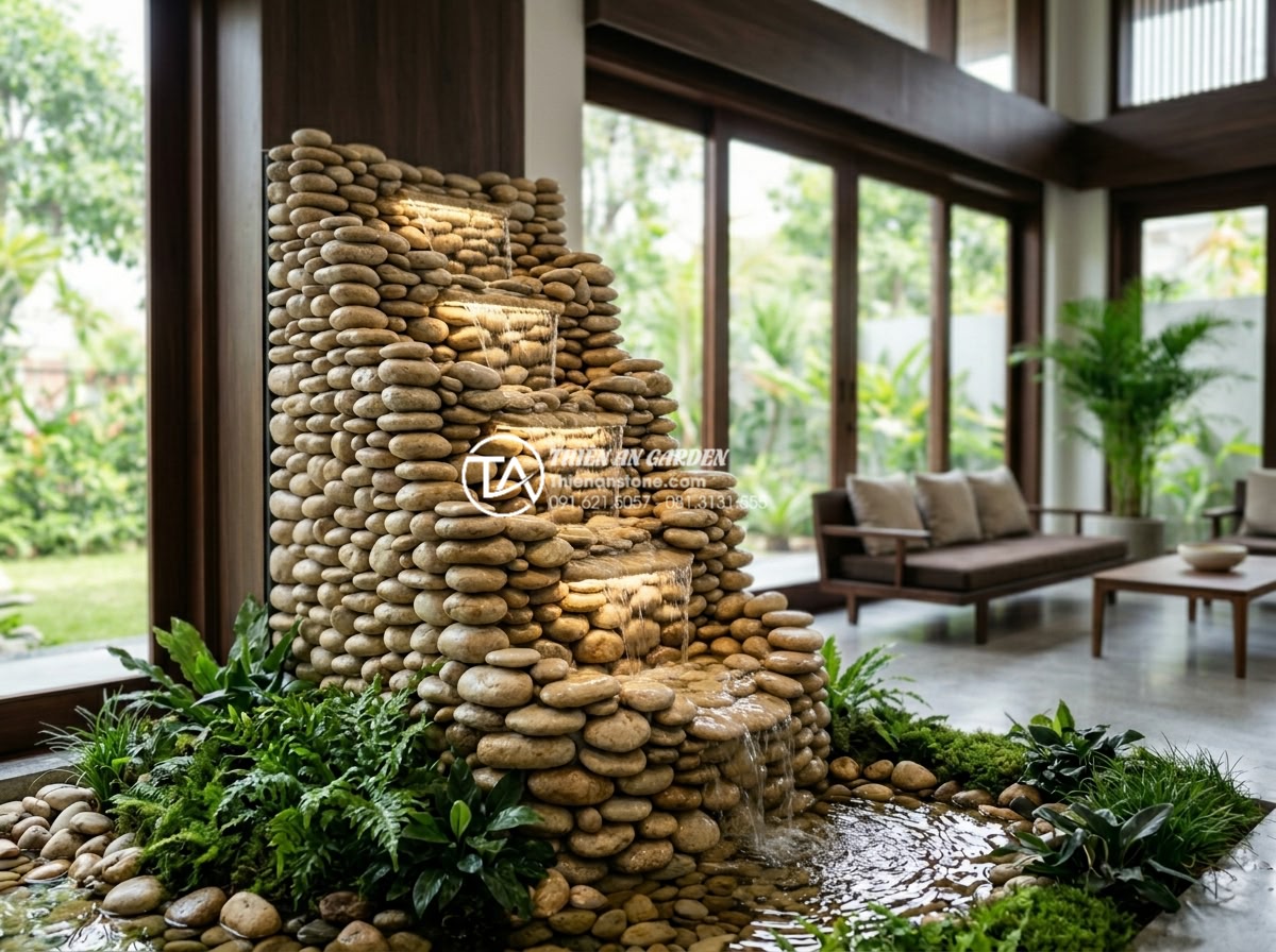 Tiểu cảnh nước trong nhà: Bí quyết mang hơi thở thiên nhiên vào không gian kín - High-resolution realistic photo of a luxurious modern indoor water feature in a