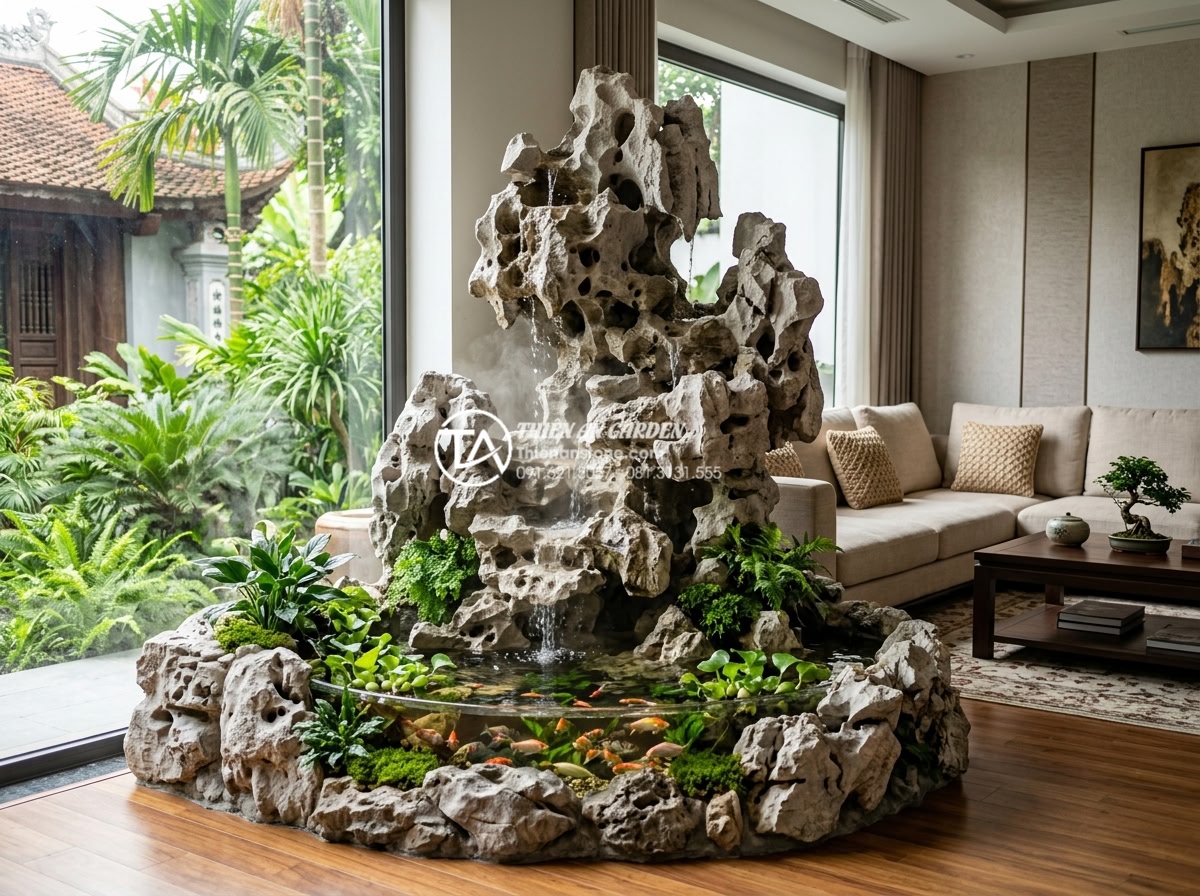 Tiểu cảnh nước trong nhà: Bí quyết mang hơi thở thiên nhiên vào không gian kín - Detailed realistic image of a floor-standing indoor water feature with natural c