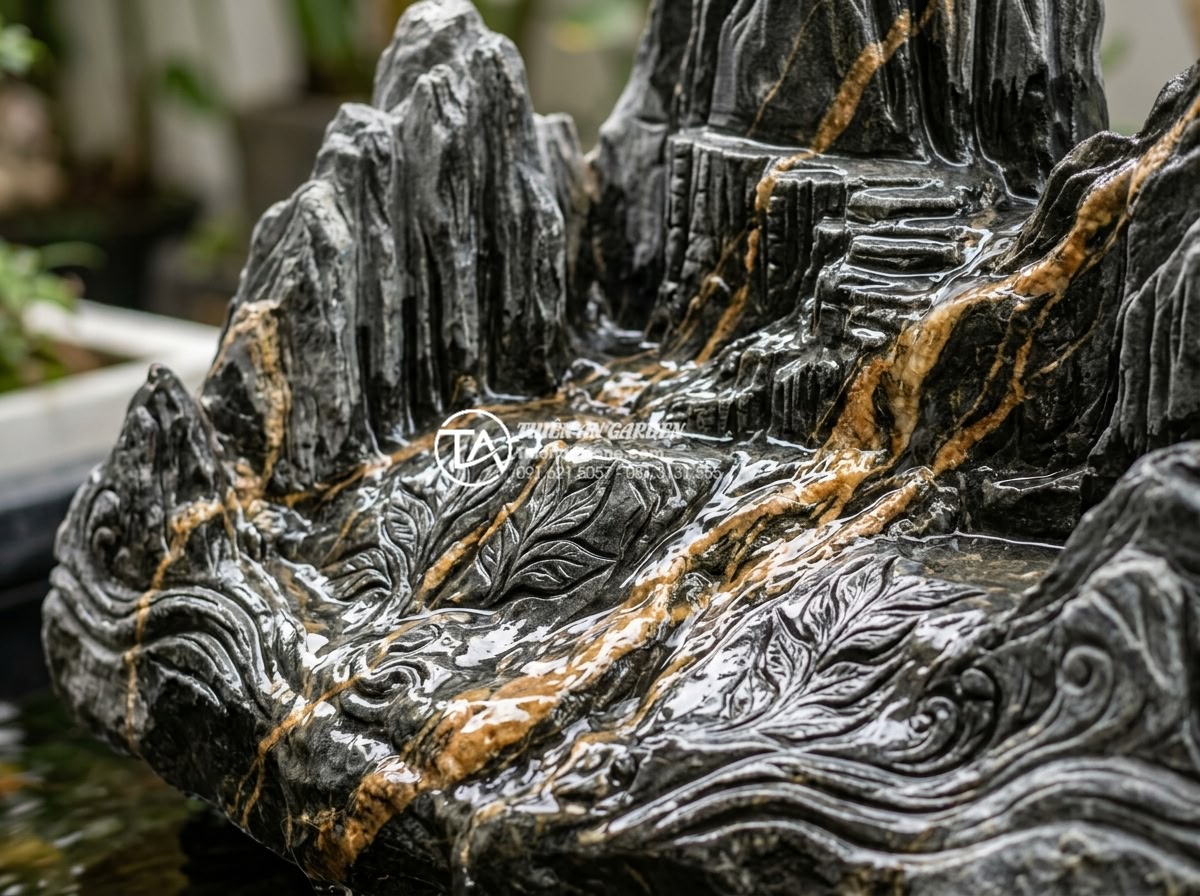 Tiểu cảnh nước trong nhà: Bí quyết mang hơi thở thiên nhiên vào không gian kín - Close-up realistic photograph of hand-carved natural granite stone used in an in