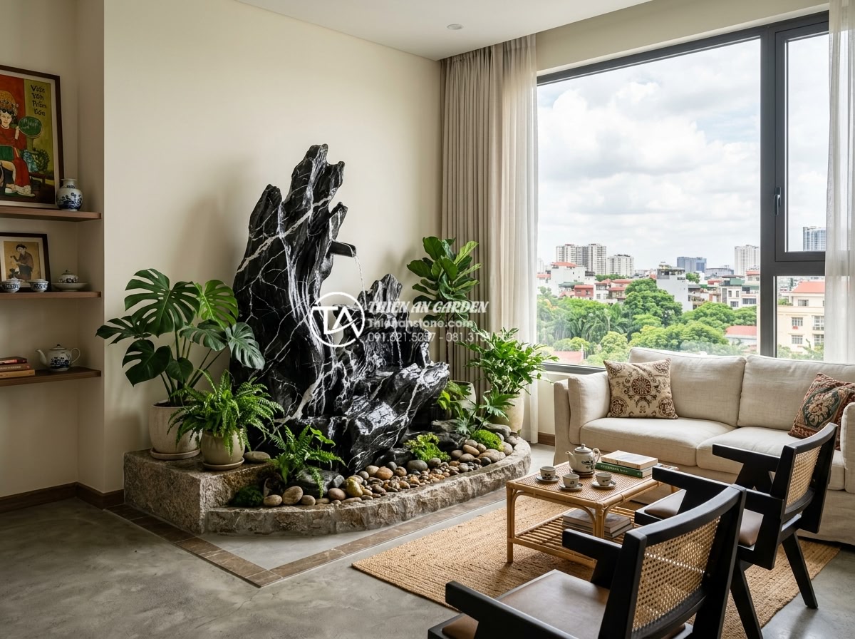 Tiểu cảnh nước trong nhà: Bí quyết mang hơi thở thiên nhiên vào không gian kín - Realistic wide shot of a perfectly placed indoor water feature in a modern Vietn