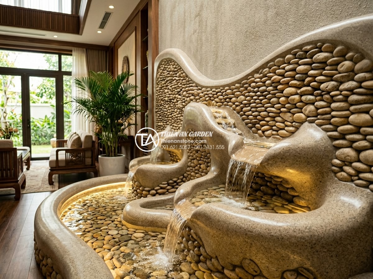 Tiểu cảnh nước trong nhà: Bí quyết mang hơi thở thiên nhiên vào không gian kín - Professional realistic image of a high-end custom indoor water feature with intr