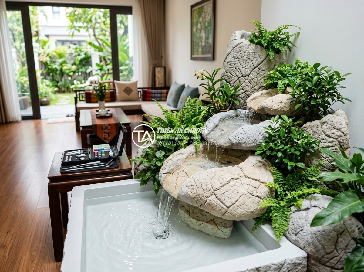 Tiểu cảnh nước trong nhà: Bí quyết mang hơi thở thiên nhiên vào không gian kín - Realistic long-term maintenance scene of a beautiful indoor water feature with n