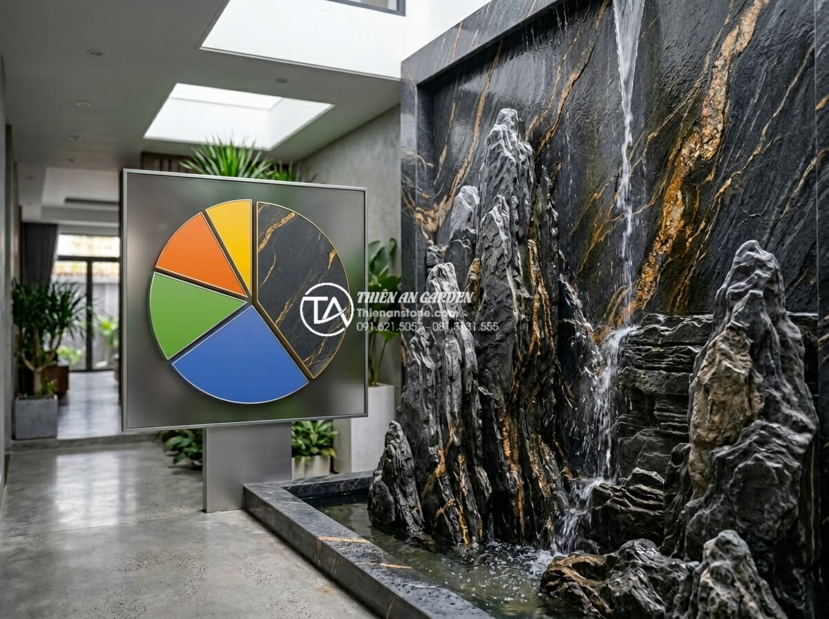 Tiểu cảnh nước tường đá: Giải pháp tiết kiệm không gian cho nhà phố - Professional infographic style image showing cost breakdown pie chart for stone 