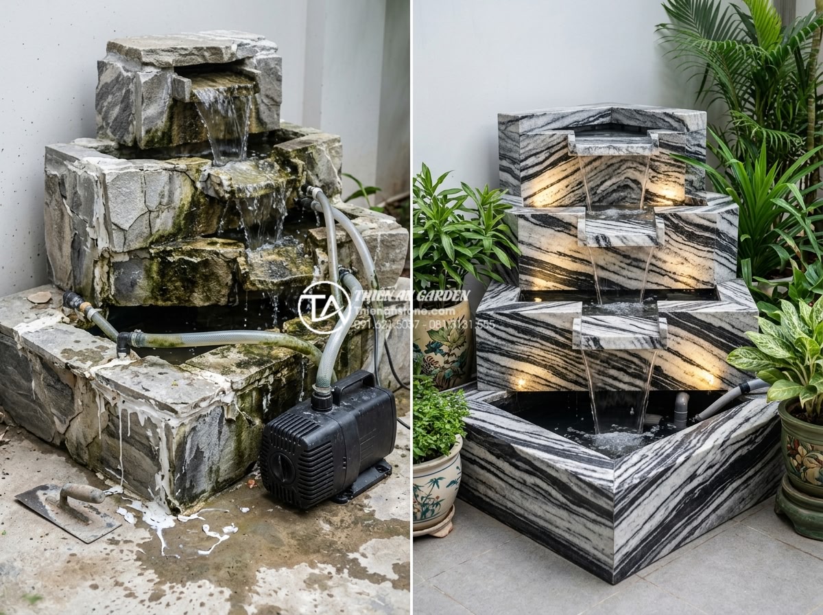 Tiểu cảnh nước tường đá: Giải pháp tiết kiệm không gian cho nhà phố - Before and after comparison photo of common mistakes in DIY stone water features