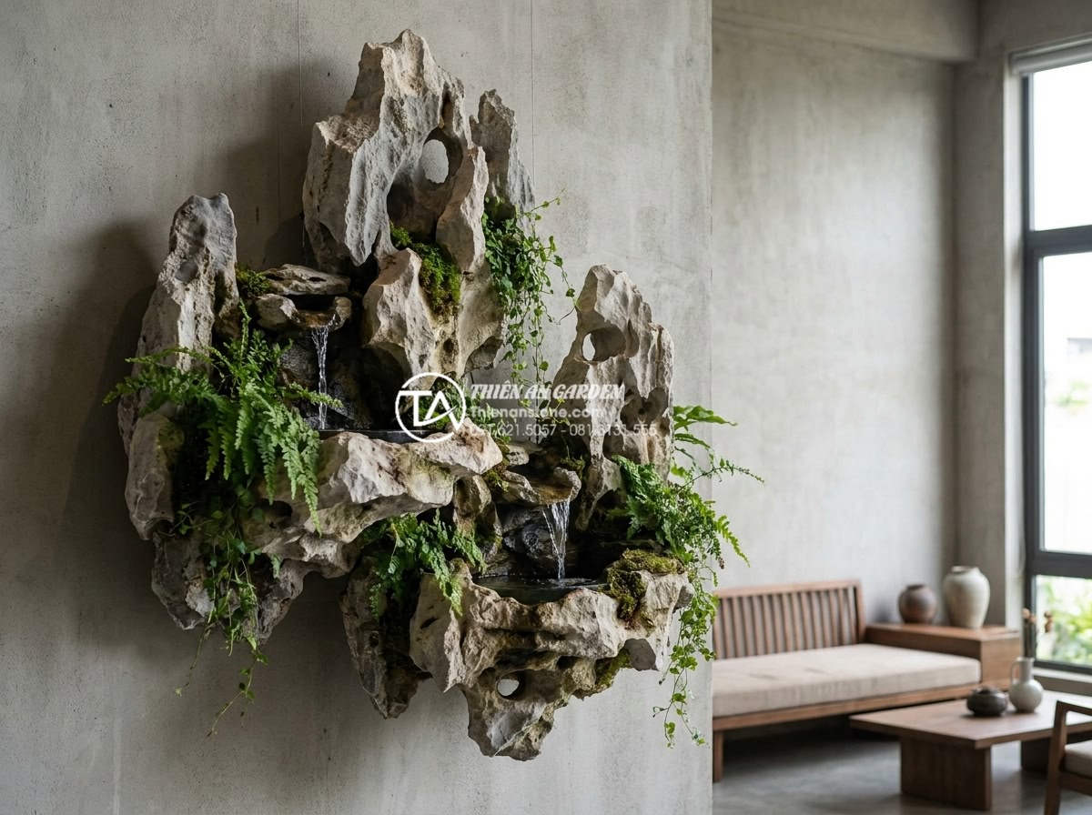 Tiểu cảnh treo tường: Cách biến bức tường thô cứng thành tác phẩm nghệ thuật - A stunning hanging wall stone landscape featuring layered natural granite rocks,