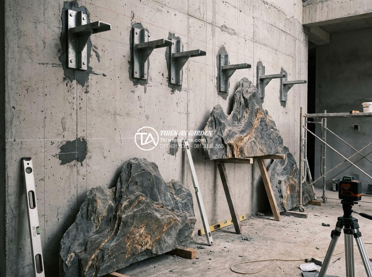 Tiểu cảnh treo tường: Cách biến bức tường thô cứng thành tác phẩm nghệ thuật - Hình 9 Tiểu cảnh treo tường: Cách biến bức tường thô cứng thành tác phẩm nghệ thuật - Professional team installing a large hanging stone wall landscape using metal br