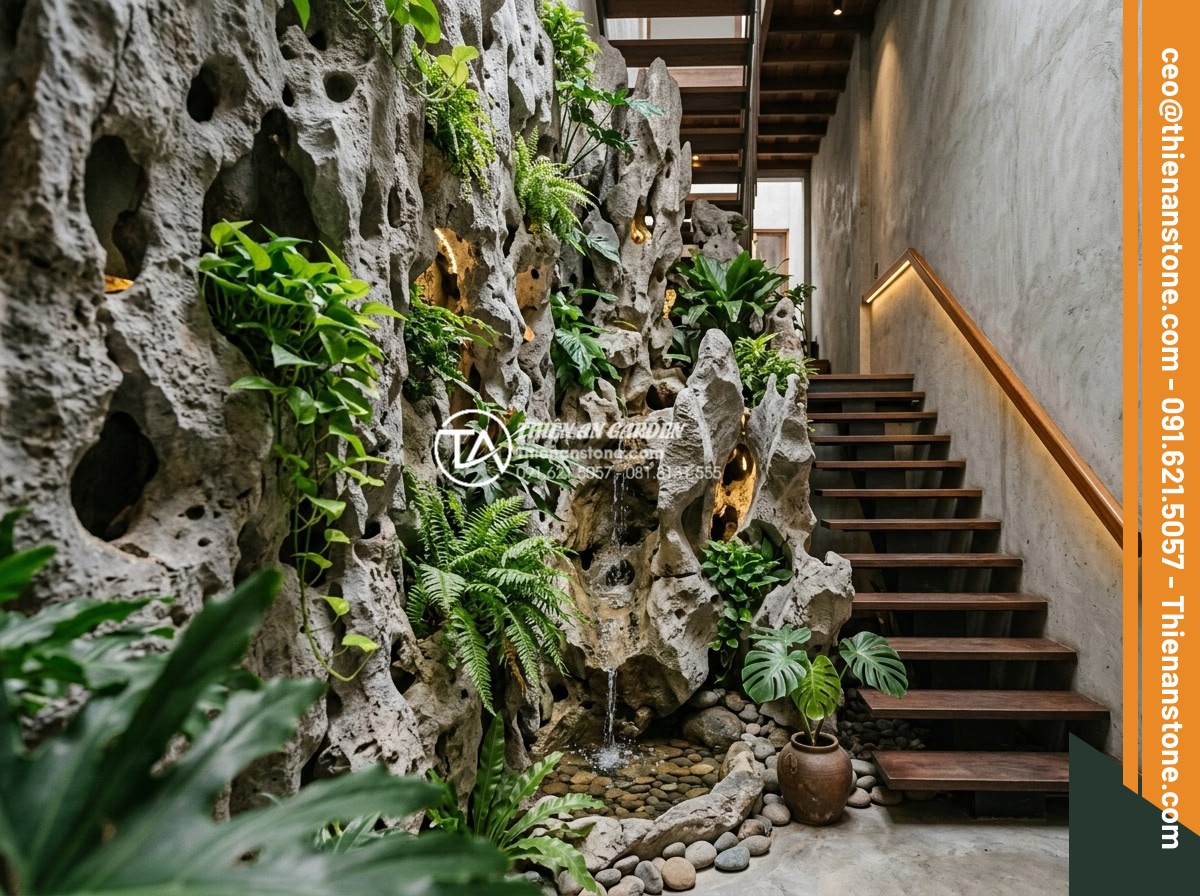 Tiểu cảnh vách tường cầu thang: Điểm nhấn kiến trúc độc đáo cho nhà ống - Photorealistic high-resolution image of a narrow Vietnamese townhouse interior s