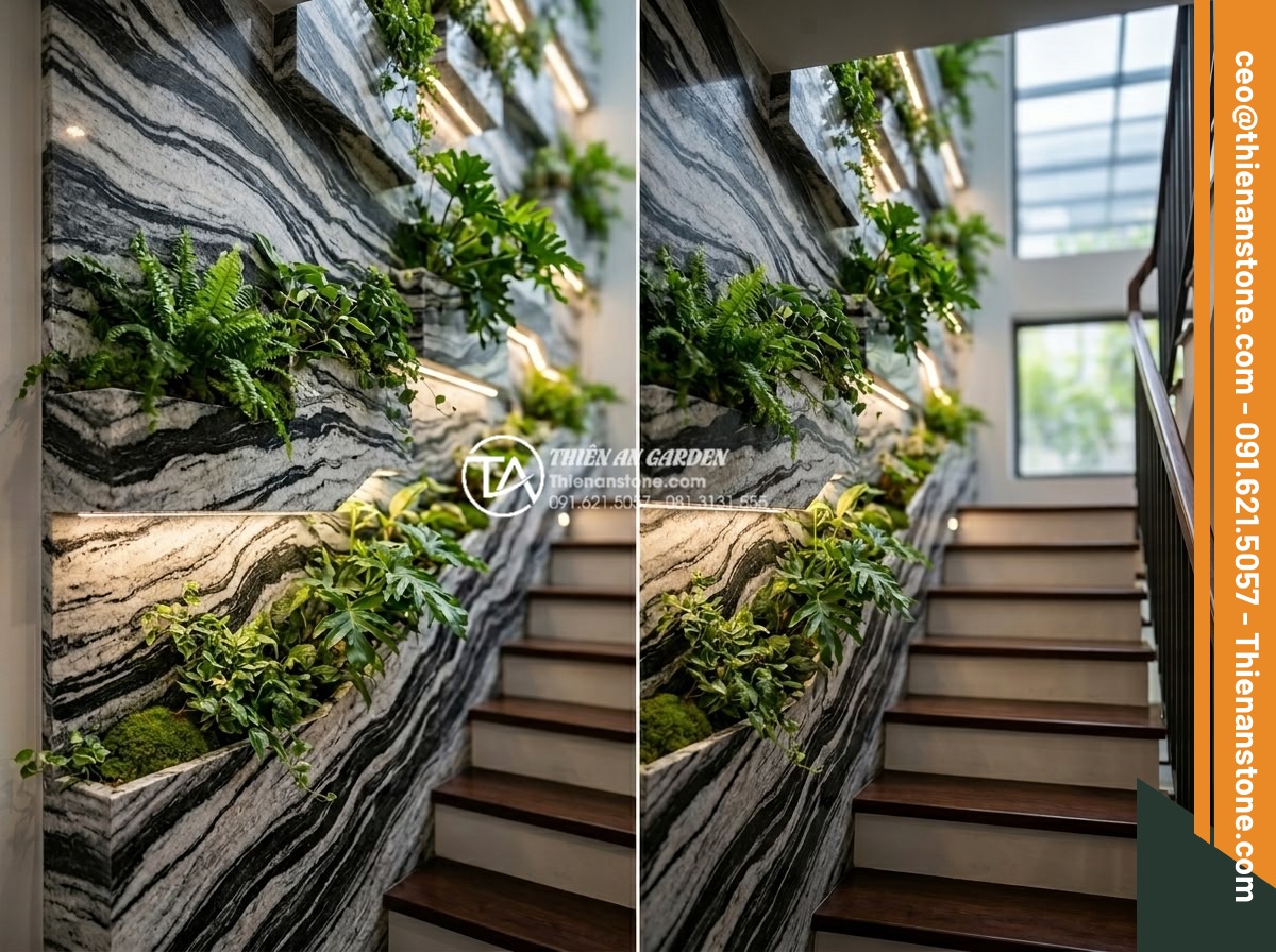 Tiểu cảnh vách tường cầu thang: Điểm nhấn kiến trúc độc đáo cho nhà ống - High quality realistic image of completed professional installation of a natural