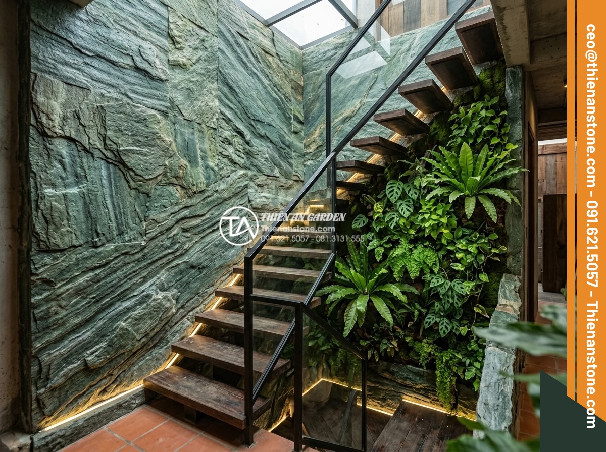Tiểu cảnh vách tường cầu thang: Điểm nhấn kiến trúc độc đáo cho nhà ống - Professional realistic photograph of a beautiful natural stone staircase wall fe
