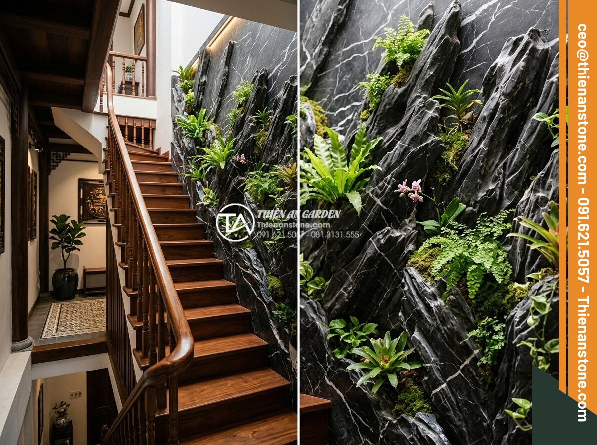 Tiểu cảnh vách tường cầu thang: Điểm nhấn kiến trúc độc đáo cho nhà ống - Realistic high-end image of an installed luxury natural stone vertical garden fe