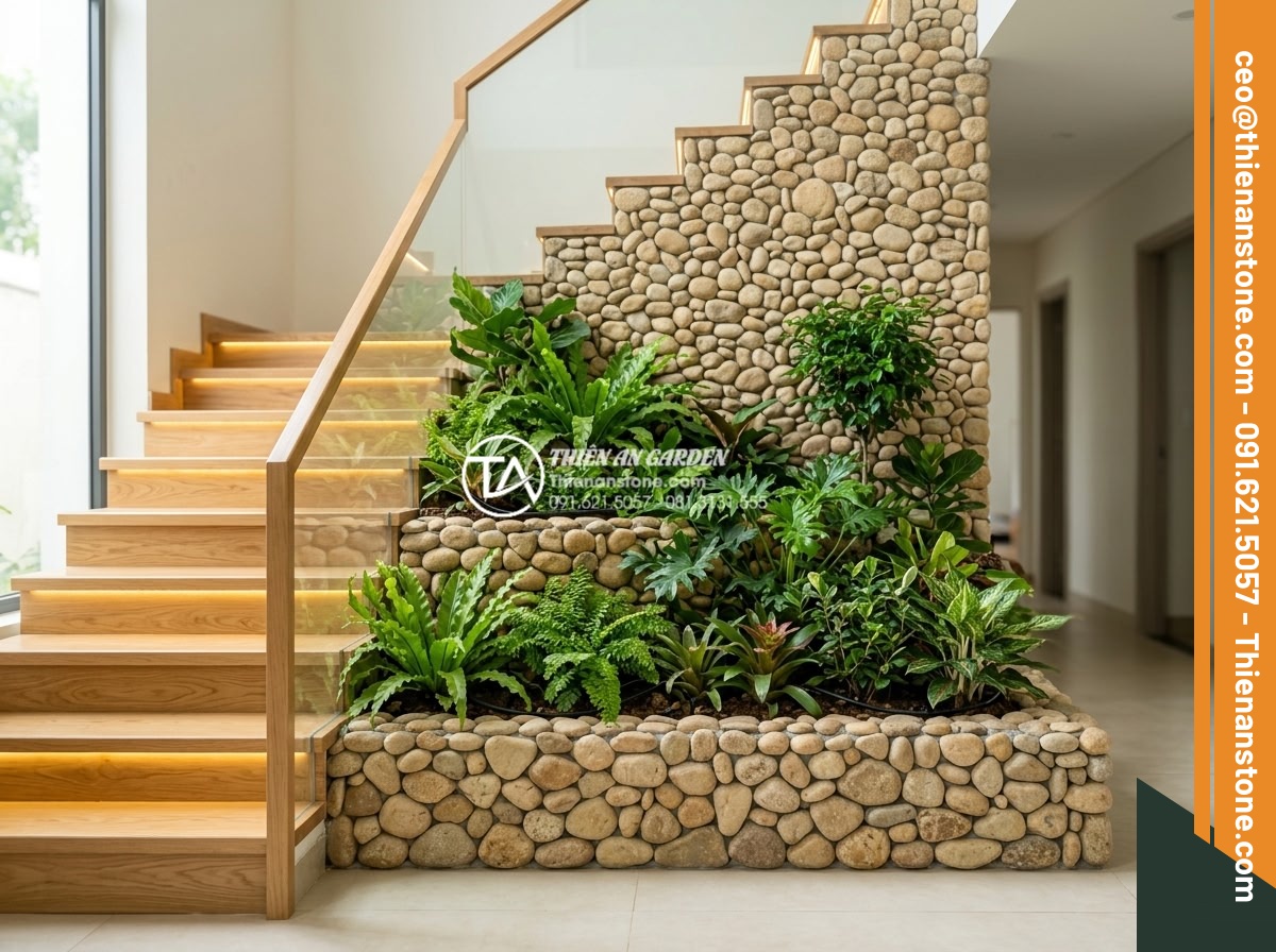 Tiểu cảnh vách tường cầu thang: Điểm nhấn kiến trúc độc đáo cho nhà ống - Detailed realistic photo illustrating key considerations for a stone wall garden