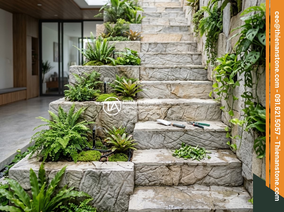 Tiểu cảnh vách tường cầu thang: Điểm nhấn kiến trúc độc đáo cho nhà ống - Professional realistic image of ongoing maintenance of a natural stone vertical 