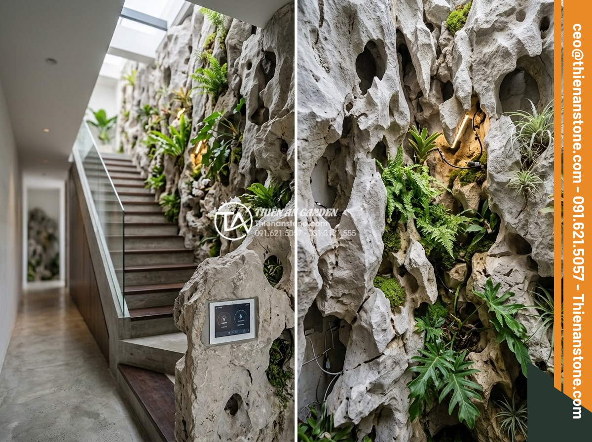 Tiểu cảnh vách tường cầu thang: Điểm nhấn kiến trúc độc đáo cho nhà ống - Futuristic realistic rendering of a smart natural stone staircase wall garden in