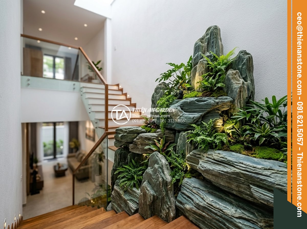 Tiểu cảnh vách tường cầu thang: Điểm nhấn kiến trúc độc đáo cho nhà ống - Beautiful final realistic photograph of a completed luxurious natural stone vert