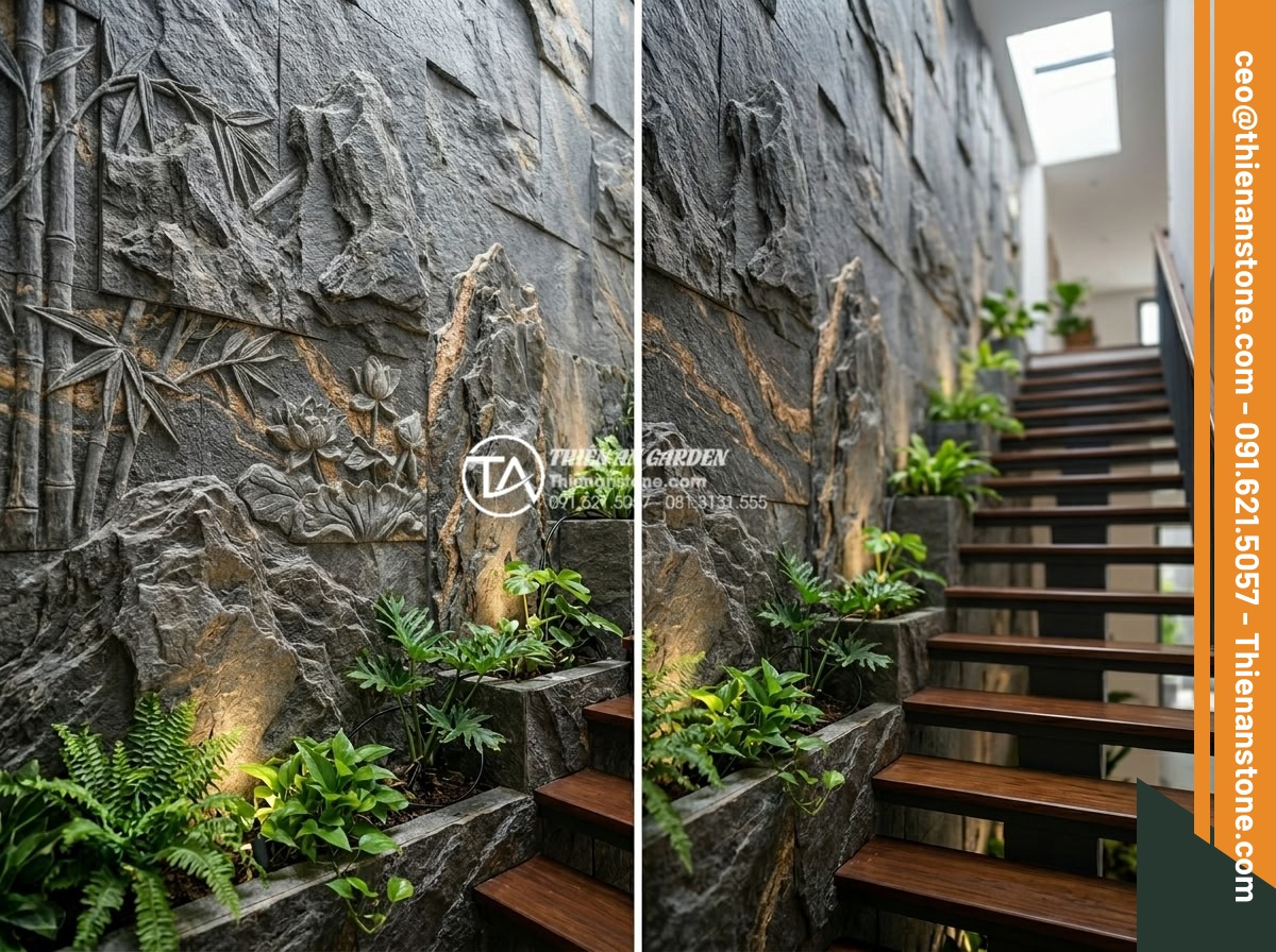 Tiểu cảnh vách tường cầu thang: Điểm nhấn kiến trúc độc đáo cho nhà ống - Realistic architectural photography of a contemporary narrow house staircase in 