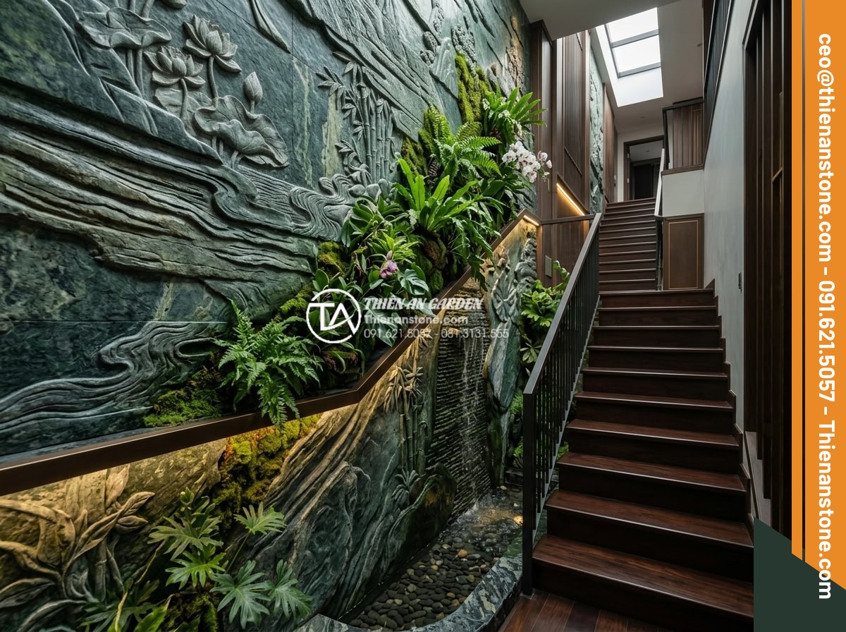 Tiểu cảnh vách tường cầu thang: Điểm nhấn kiến trúc độc đáo cho nhà ống - Luxurious photorealistic rendering of an upscale narrow Vietnamese home staircas