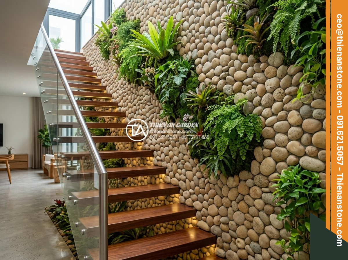 Tiểu cảnh vách tường cầu thang: Điểm nhấn kiến trúc độc đáo cho nhà ống - Photorealistic image showcasing various premium natural stones including sandsto