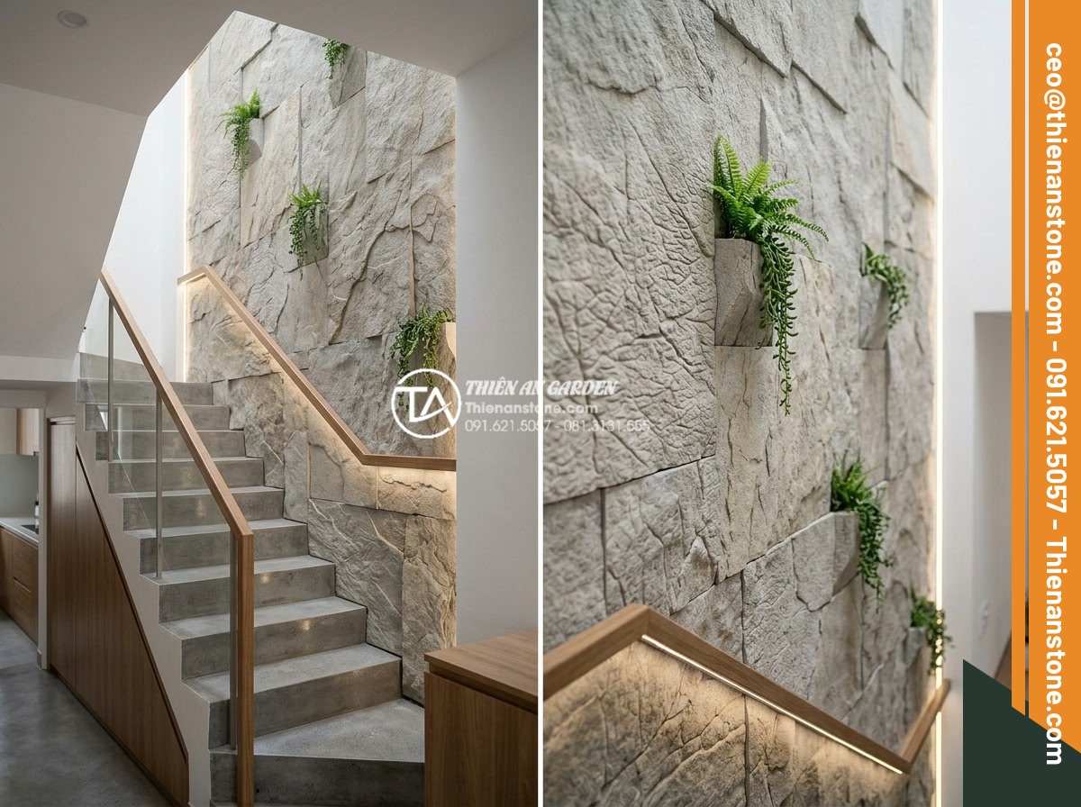 Tiểu cảnh vách tường cầu thang: Điểm nhấn kiến trúc độc đáo cho nhà ống - Modern minimalist realistic photograph of a narrow Vietnamese townhouse staircas