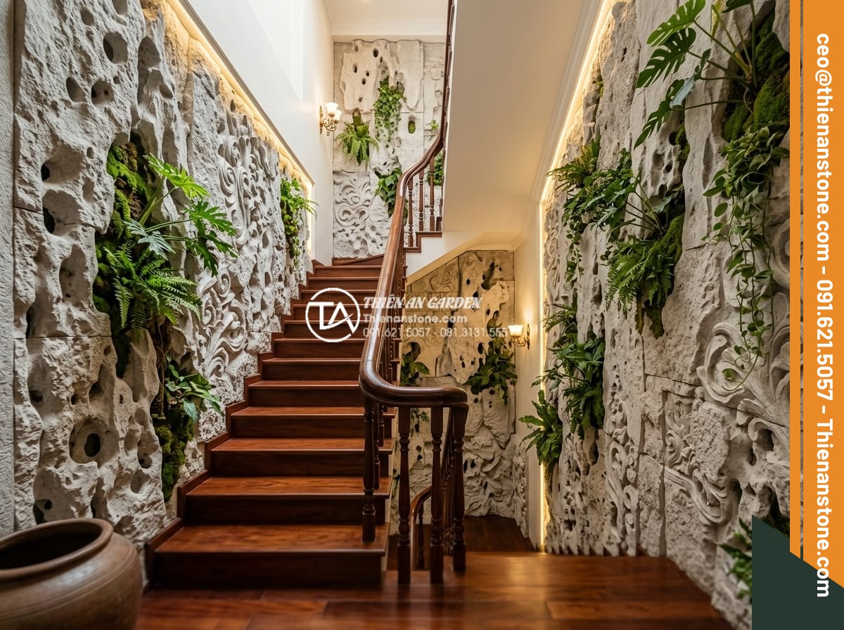 Tiểu cảnh vách tường cầu thang: Điểm nhấn kiến trúc độc đáo cho nhà ống - Elegant classical style realistic image of a grand staircase in a luxurious narr
