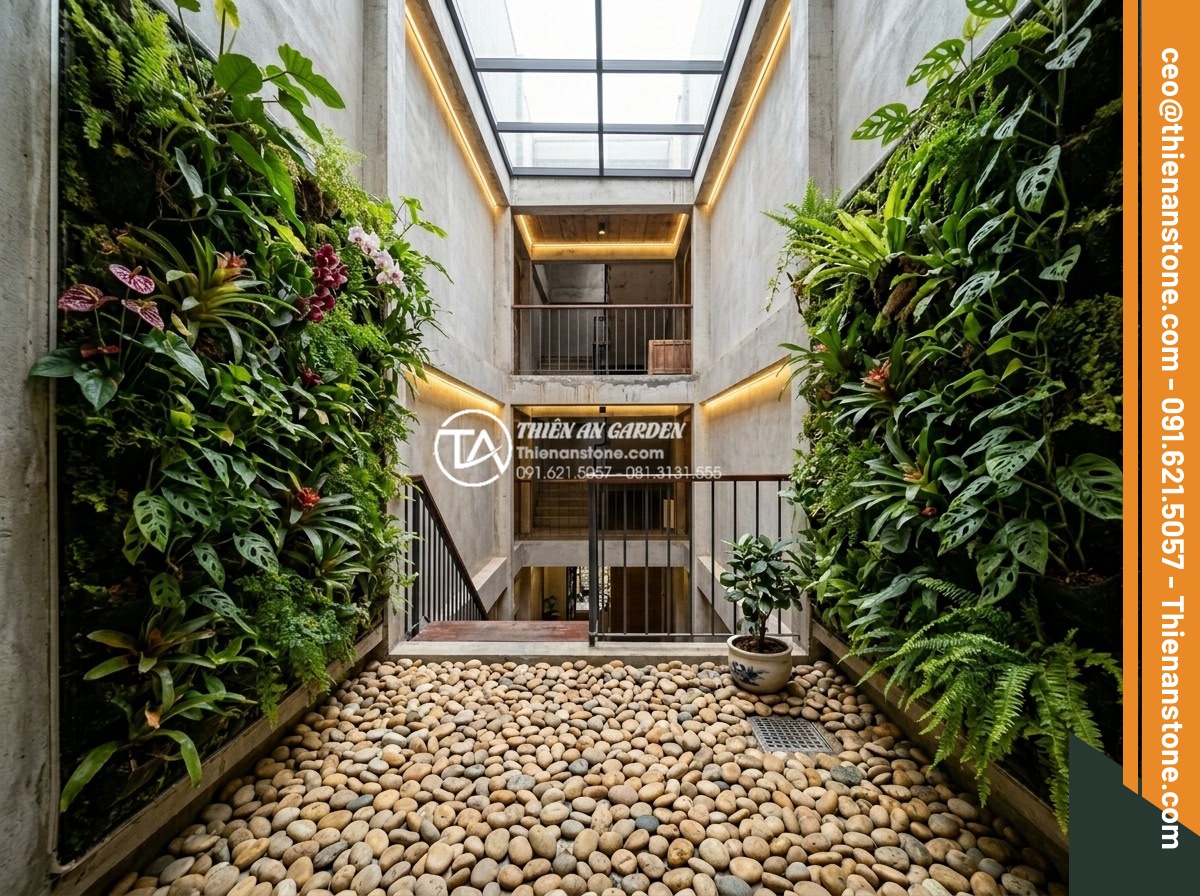 Tiểu cảnh vách tường giếng trời: Đón nắng gió và sức sống cho ngôi nhà - Hình 10 Tiểu cảnh vách tường giếng trời: Đón nắng gió và sức sống cho ngôi nhà - Realistic 3D rendering of a narrow townhouse skylight with perfectly proportione