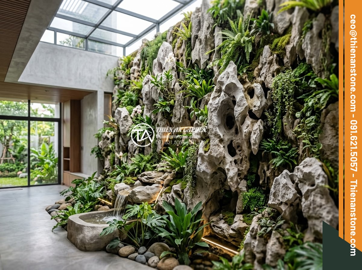 Tiểu cảnh vách tường giếng trời: Đón nắng gió và sức sống cho ngôi nhà - Hình 12 Tiểu cảnh vách tường giếng trời: Đón nắng gió và sức sống cho ngôi nhà - Finished professional installation of a complete stone and plant vertical garden
