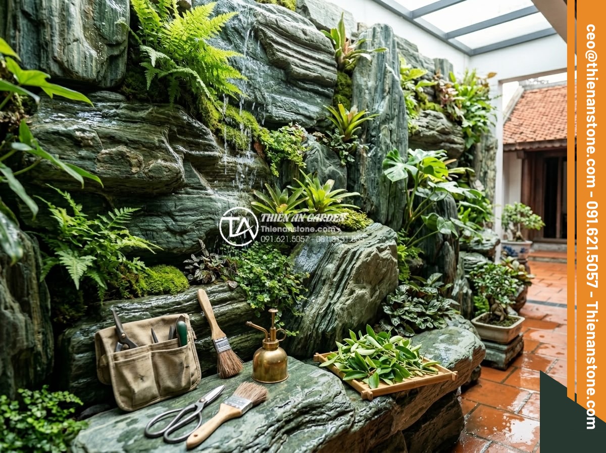 Tiểu cảnh vách tường giếng trời: Đón nắng gió và sức sống cho ngôi nhà - Hình 15 Tiểu cảnh vách tường giếng trời: Đón nắng gió và sức sống cho ngôi nhà - Professional maintenance scene of a vertical stone garden being cleaned and prun