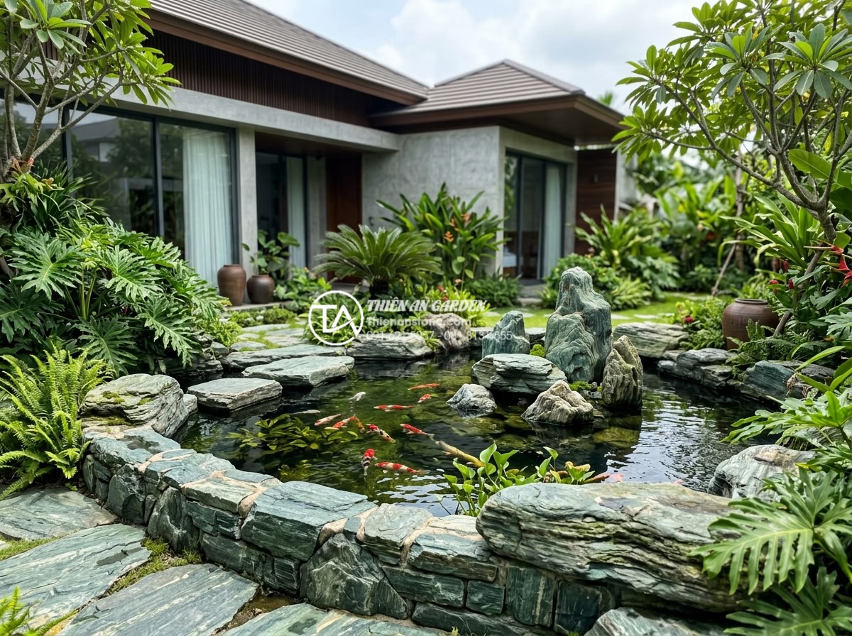 Tiểu cảnh vách tường kết hợp hồ cá Koi mini dưới chân tường - Detailed realistic image showing optimal placement of stone wall Koi pond in mod