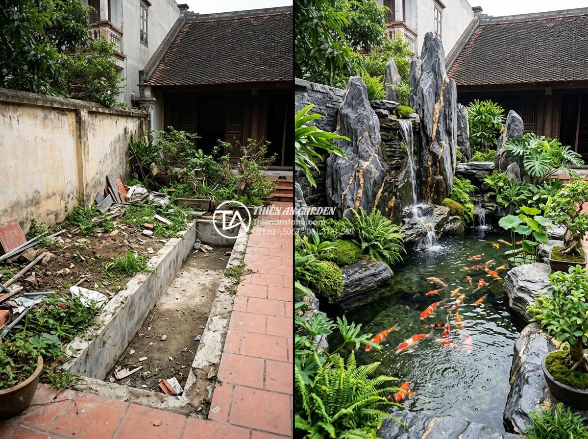 Tiểu cảnh vách tường kết hợp hồ cá Koi mini dưới chân tường - Before and after comparison style image of well-maintained luxury garden wall wa