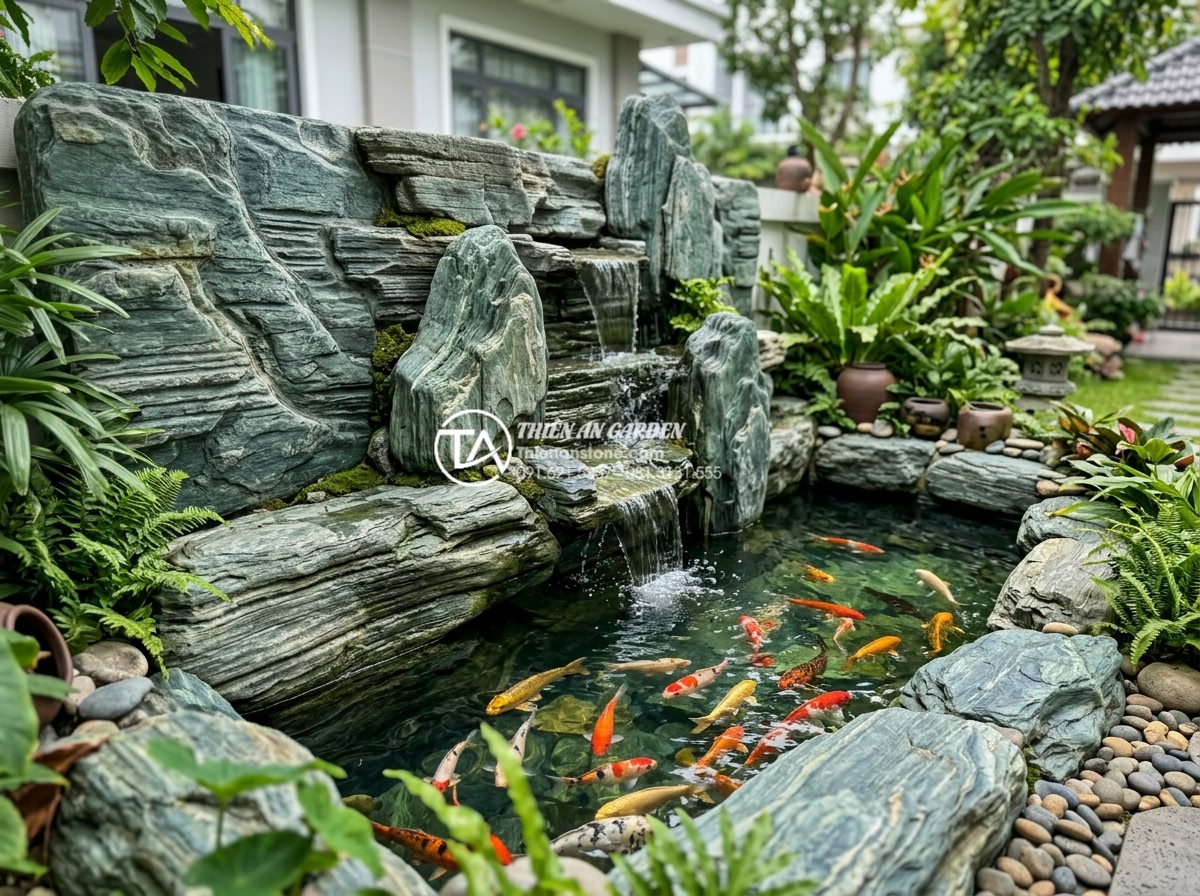 Tiểu cảnh vách tường kết hợp hồ cá Koi mini dưới chân tường - Happy Vietnamese family enjoying their new luxury garden wall water feature with