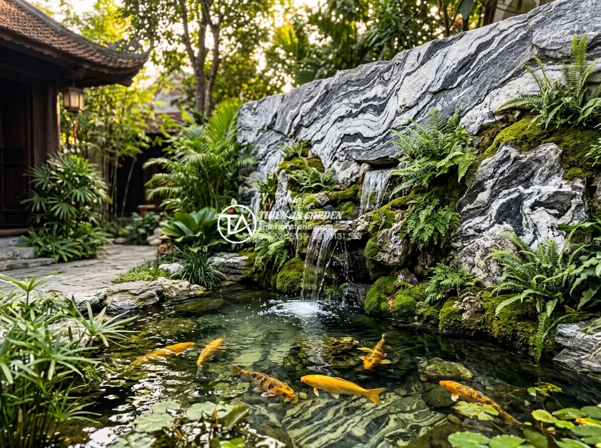 Tiểu cảnh vách tường kết hợp hồ cá Koi mini dưới chân tường - Serene high-detail realistic image of elegant natural stone garden wall with int